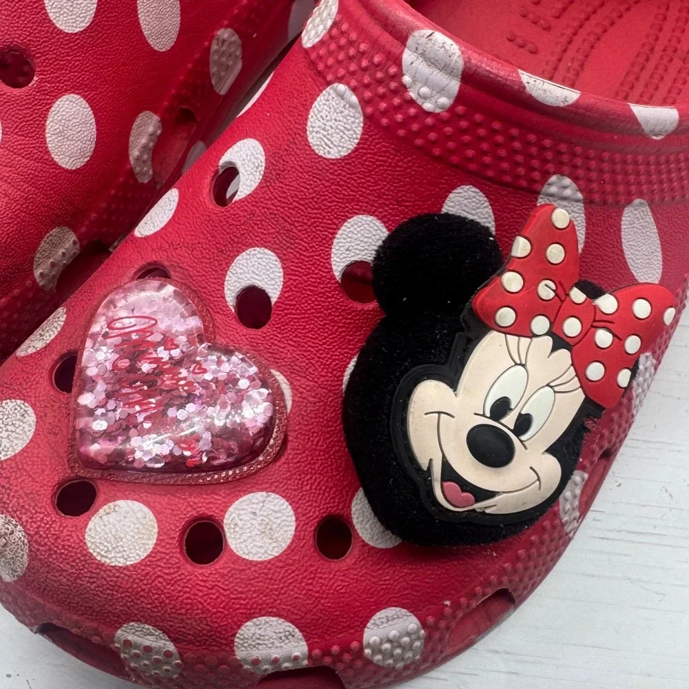 Crocs Kids Minnie Mouse Polka Dot Red Pink Clogs Shoes J1 Disney Charms